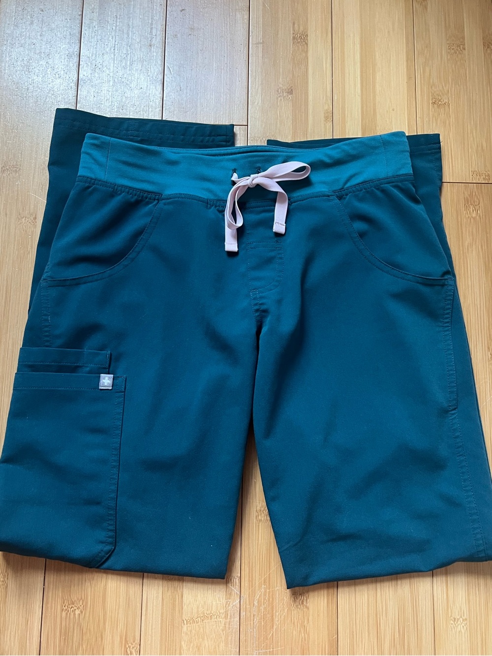Figs Caribbean Blue w/ Pink Drawstring Straight Leg Pants XS Petite